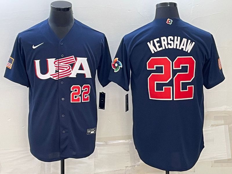 Men 2023 World Cub USA 22 Kershaw Blue Nike MLB Jersey1